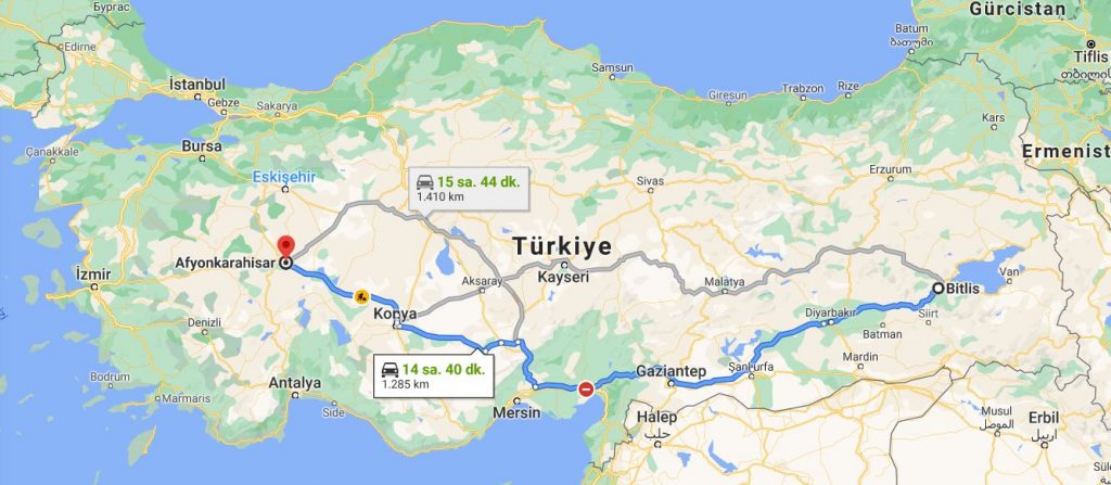 Afyon Bitlis Arası Kaç KM