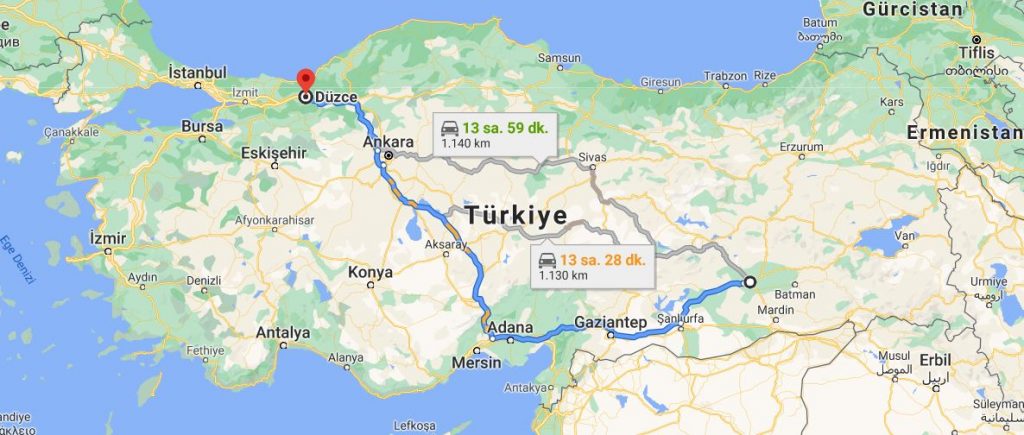 Diyarbakır Düzce Arası Kaç KM
