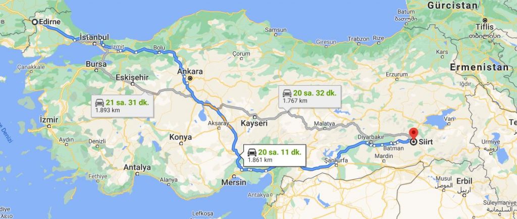 Edirne Siirt Arası Kaç KM