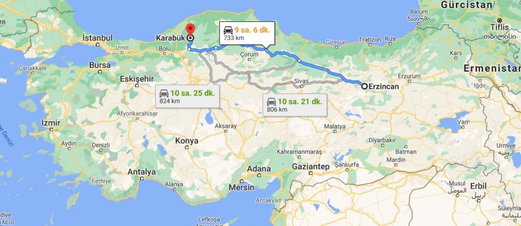 Erzincan Karabük Arası Kaç KM