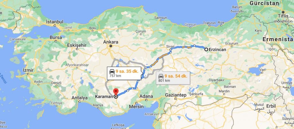 Erzincan Karaman Arası Kaç KM