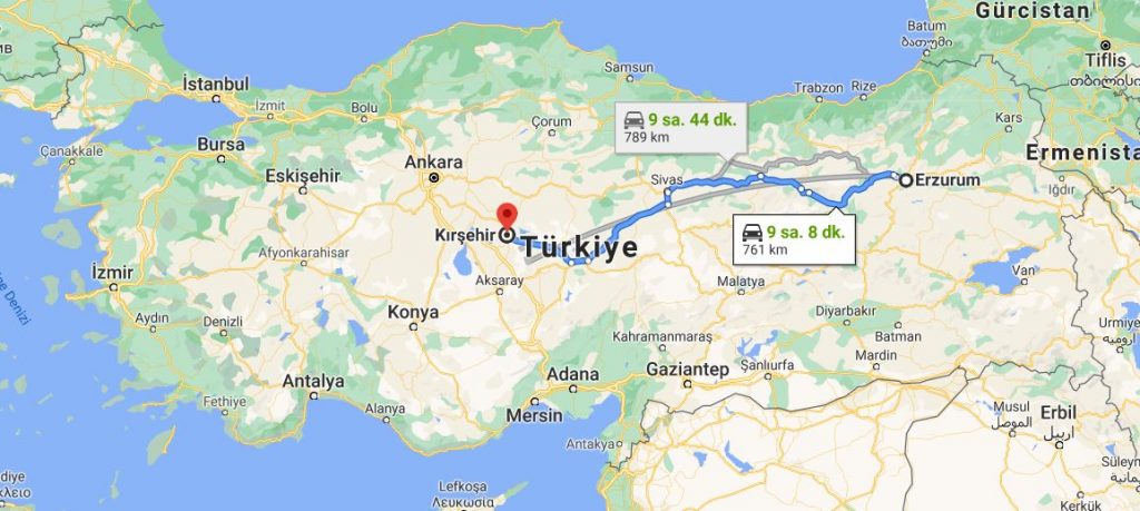Erzurum Kırşehir Arası Kaç KM