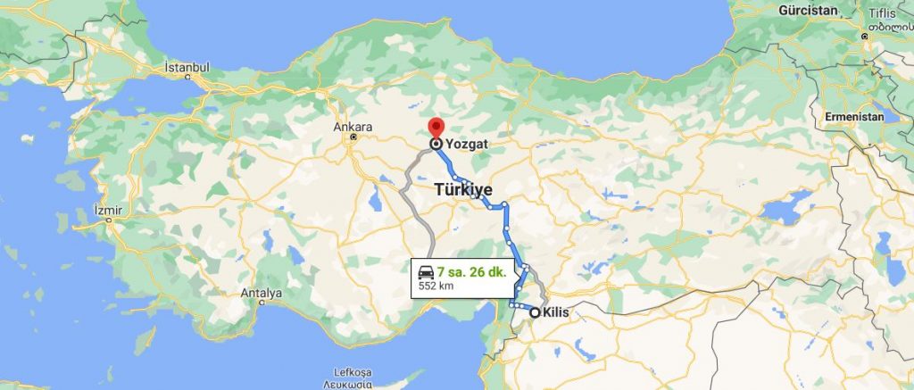 Kilis Yozgat Arası Kaç KM