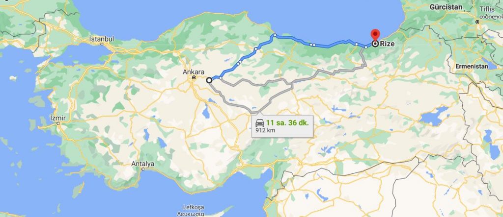 Kırıkkale Rize Arası Kaç KM