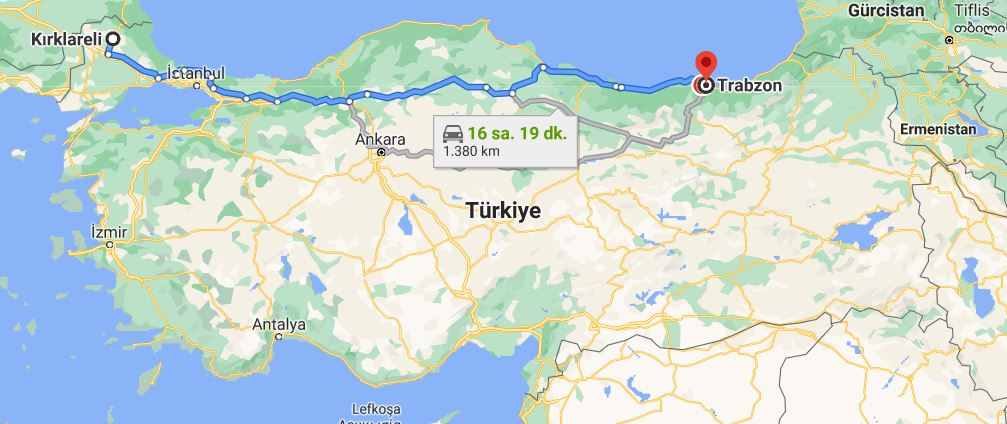 Trabzon Kırklareli Arası Kaç KM