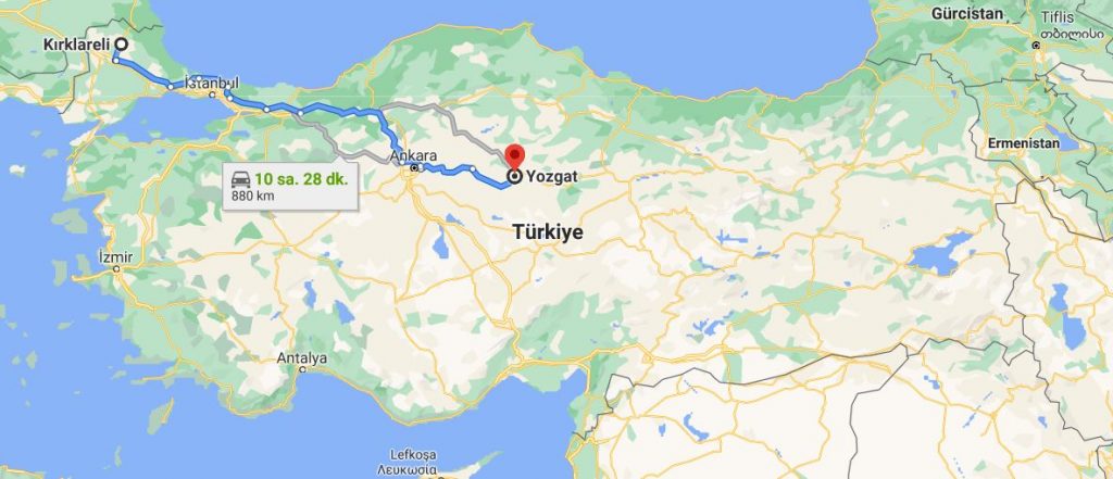 Kırklareli Yozgat Arası Kaç KM
