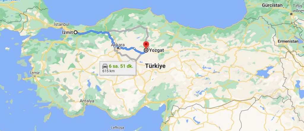 Kocaeli Yozgat Arası Kaç KM