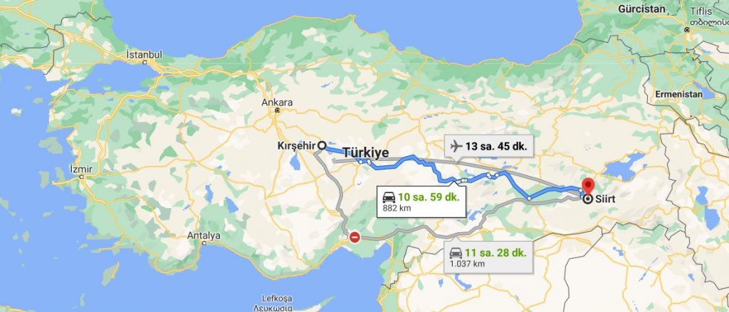 Kırşehir Siirt Arası Kaç KM