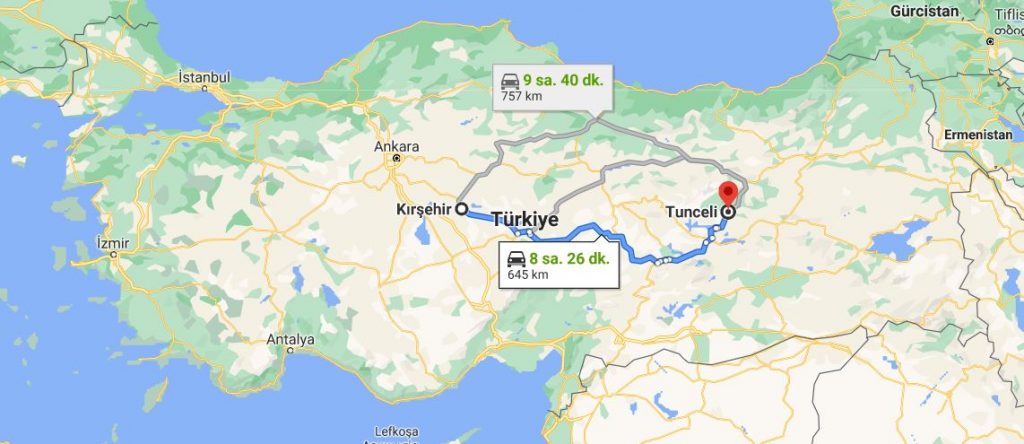 Kırşehir Tunceli Arası Kaç KM