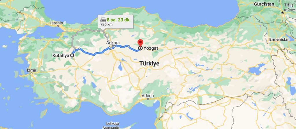 Kütahya Yozgat Arası Kaç KM