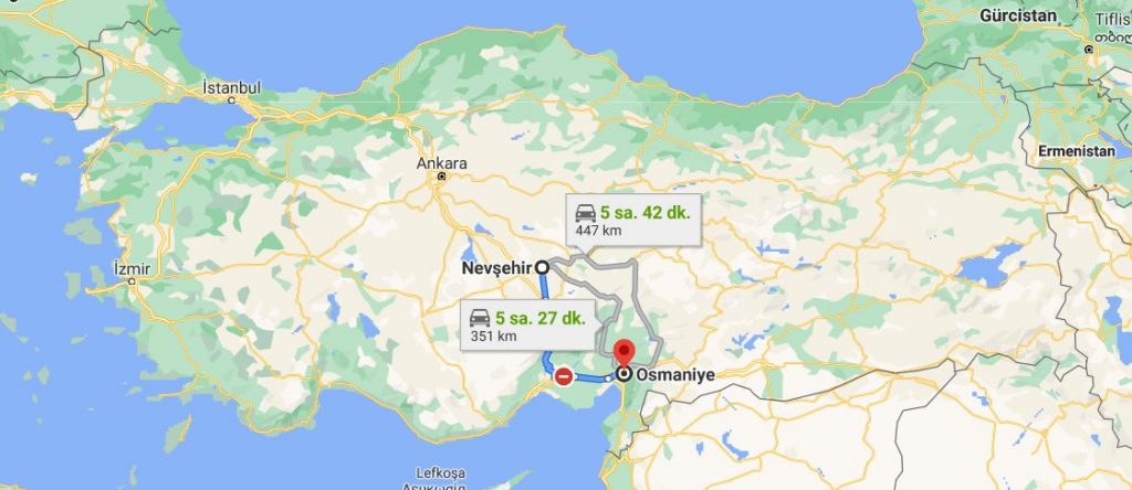 Nevşehir Osmaniye Arası Kaç KM