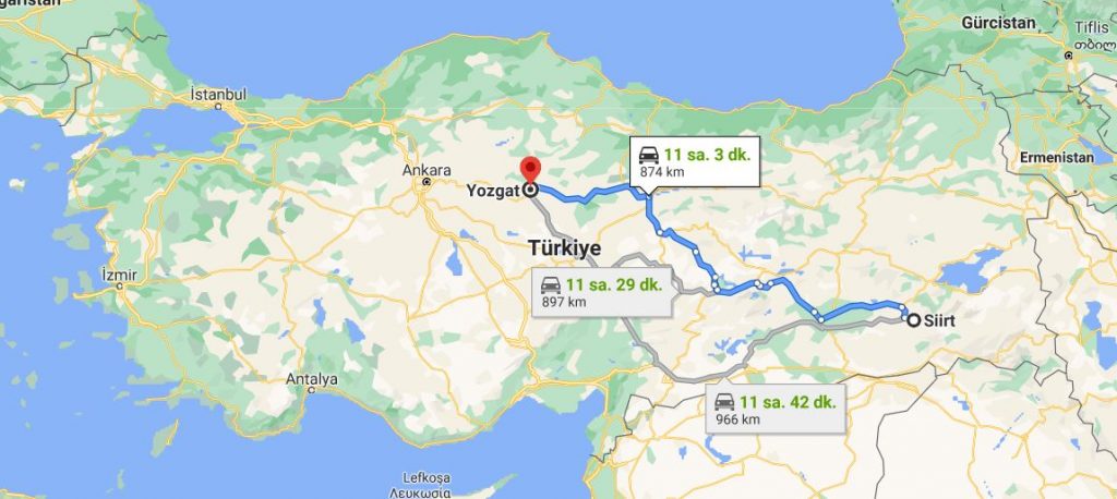 Siirt Yozgat Arası Kaç KM