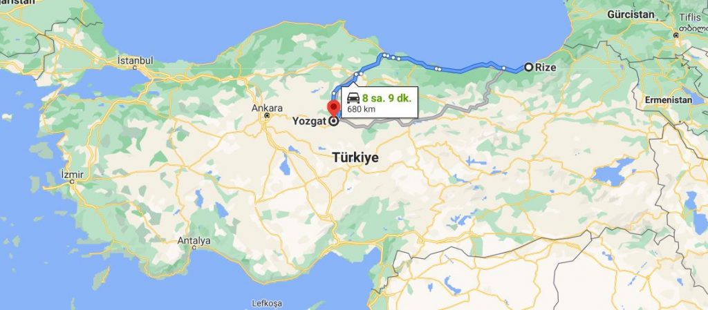 Rize Yozgat Arası Kaç KM