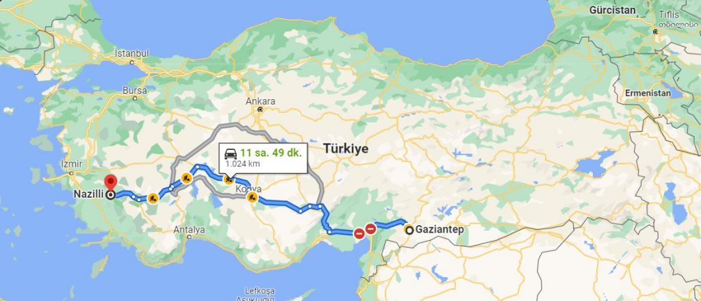 Gaziantep Nazilli Arası Kaç KM